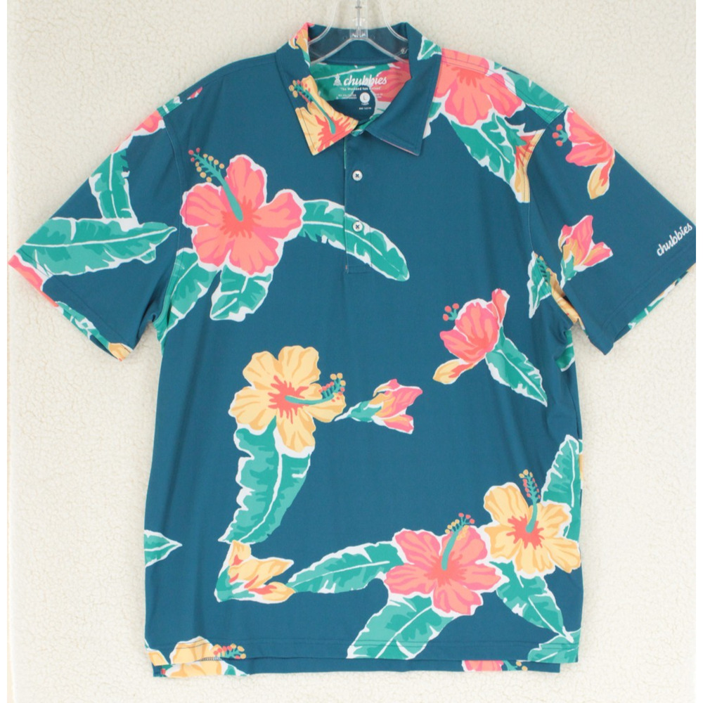 Chubbies Floral Reef Polo Shirt Mens Large Green Performance Golf Beach Tropical
